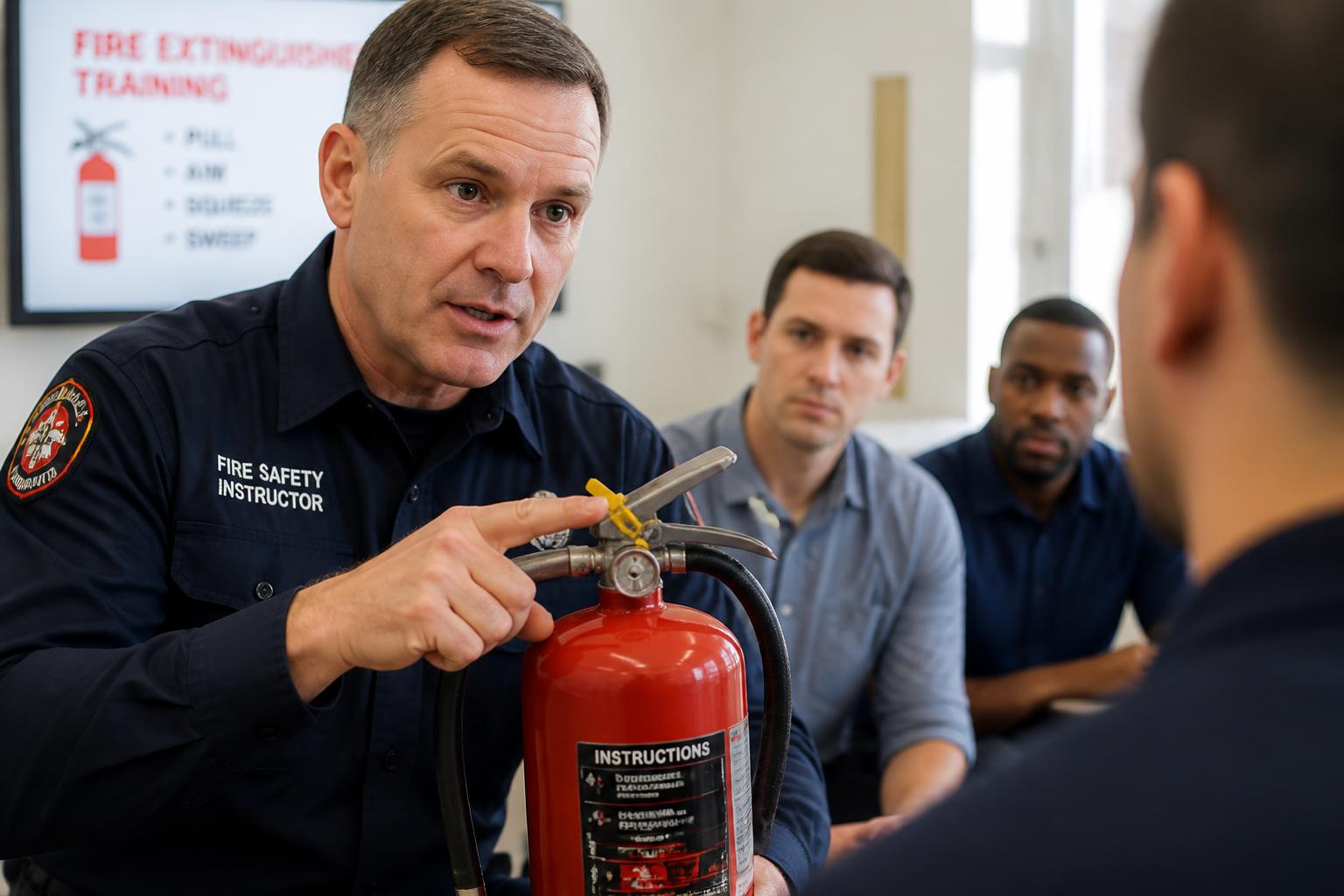 Fire safety instructor explaining extinguisher operation to a group