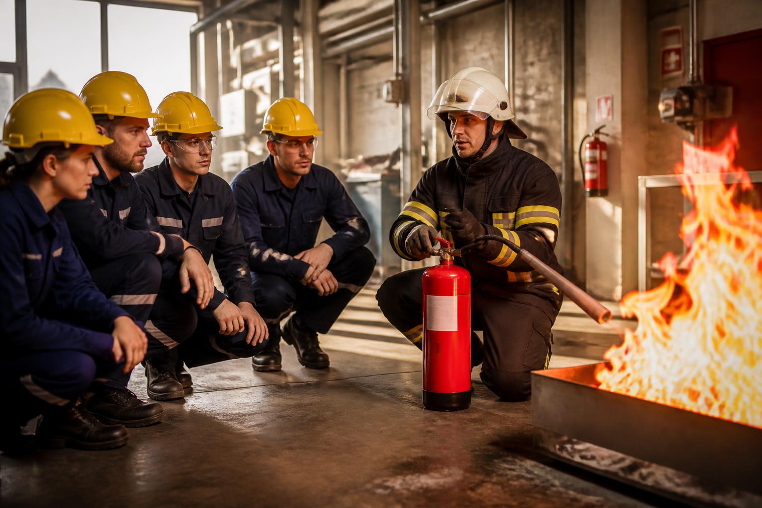 Workers practicing fire extinguisher use during a live training drill